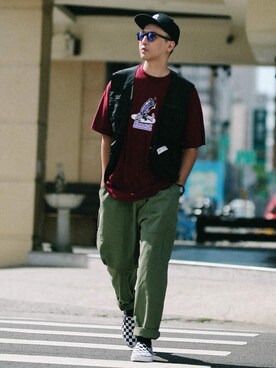 「AES（エーイーエス）のアイテム（帽子）」を使った、Ryan さん（メンズ・185cm）の夏コーディネート