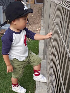 「RUGGEDWORKS（ラゲッドワークス）のアイテム（キャップ）」を使った、ranrenさん（キッズ・90cm）の秋コーディネート