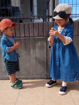 「RUGGEDWORKS（ラゲッドワークス）のアイテム（キャップ）」を使った、ranrenさん（キッズ・90cm）の秋コーディネート