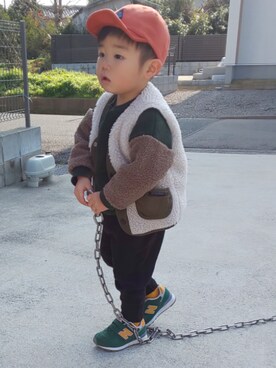 「RUGGEDWORKS（ラゲッドワークス）のアイテム（キャップ）」を使った、ranrenさん（キッズ・90cm）の冬コーディネート