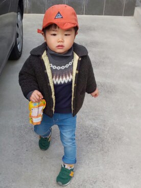 「RUGGEDWORKS（ラゲッドワークス）のアイテム（キャップ）」を使った、ranrenさん（キッズ・90cm）の冬コーディネート