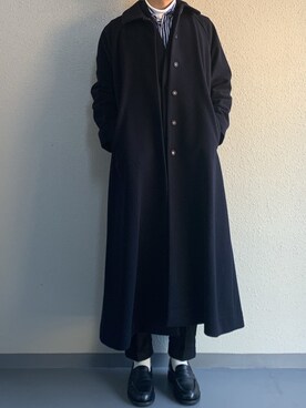 「Graphpaper（グラフペーパー）のアイテム（ステンカラーコート）」を使った、ちーうーさん（メンズ・169cm）の冬コーディネート