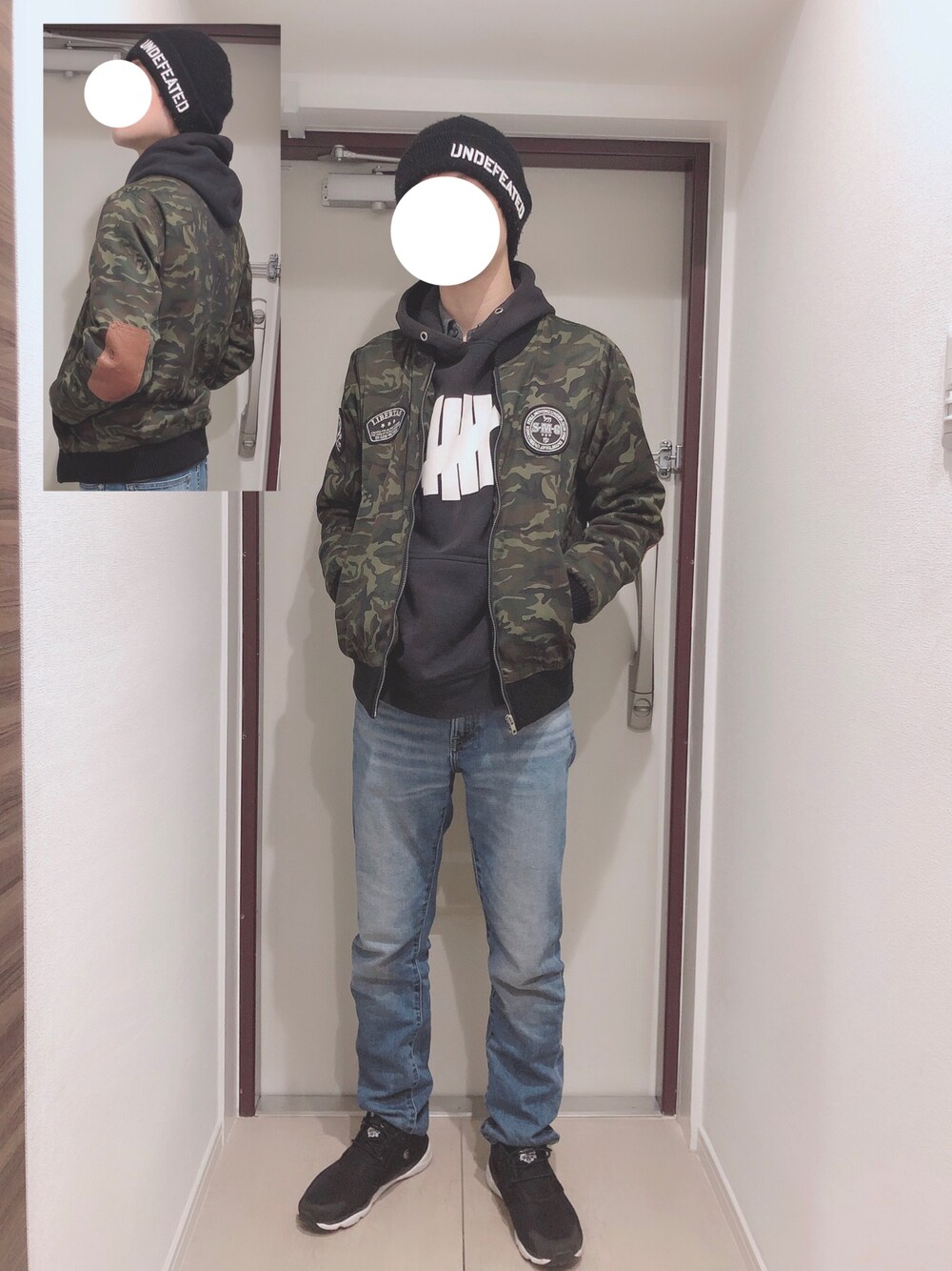 「カジュアル、今日のコーデ、デニム、パーカー、休日コーデ、ストリート、ストリート系」｜「UNDEFEATED のアイテム（ニットキャップ/ビーニー、ブラック系）」を使った、しょーたさん（メンズ・171cm）の冬コーディネートの1枚目の写真
