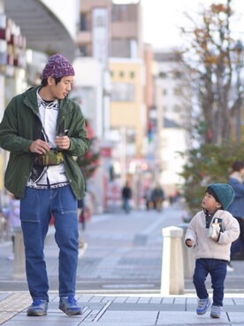 「Moujonjon（ムージョンジョン）のアイテム（デニムパンツ）」を使った、ichi-naccoさん（キッズ・90cm）の冬コーディネート