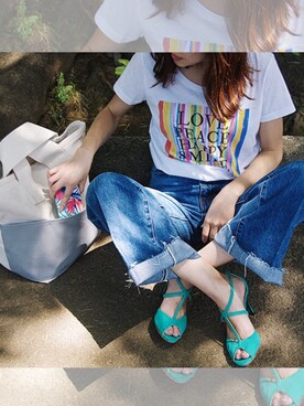 「Tシャツ×デニム」｜「アイテム（PC・スマホグッズ/家電）」を使った、mya_yu（cherie aimer trip）さん（レディース・159cm）の夏コーディネート