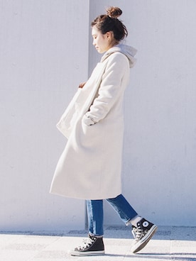「オフホワイト」｜「アイテム（チェスターコート）」を使った、mya_yu（cherie aimer trip）さん（レディース・159cm）の冬コーディネート