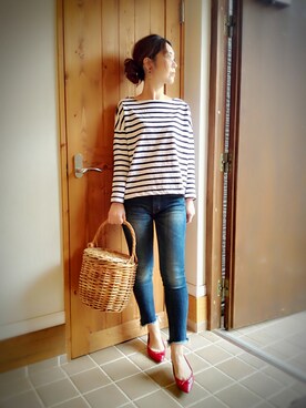 「Ungrid（アングリッド）のインディゴフレイドヘムストスリ（デニムパンツ）」を使った、mmmm ☆さん（レディース・157cm）の春コーディネート