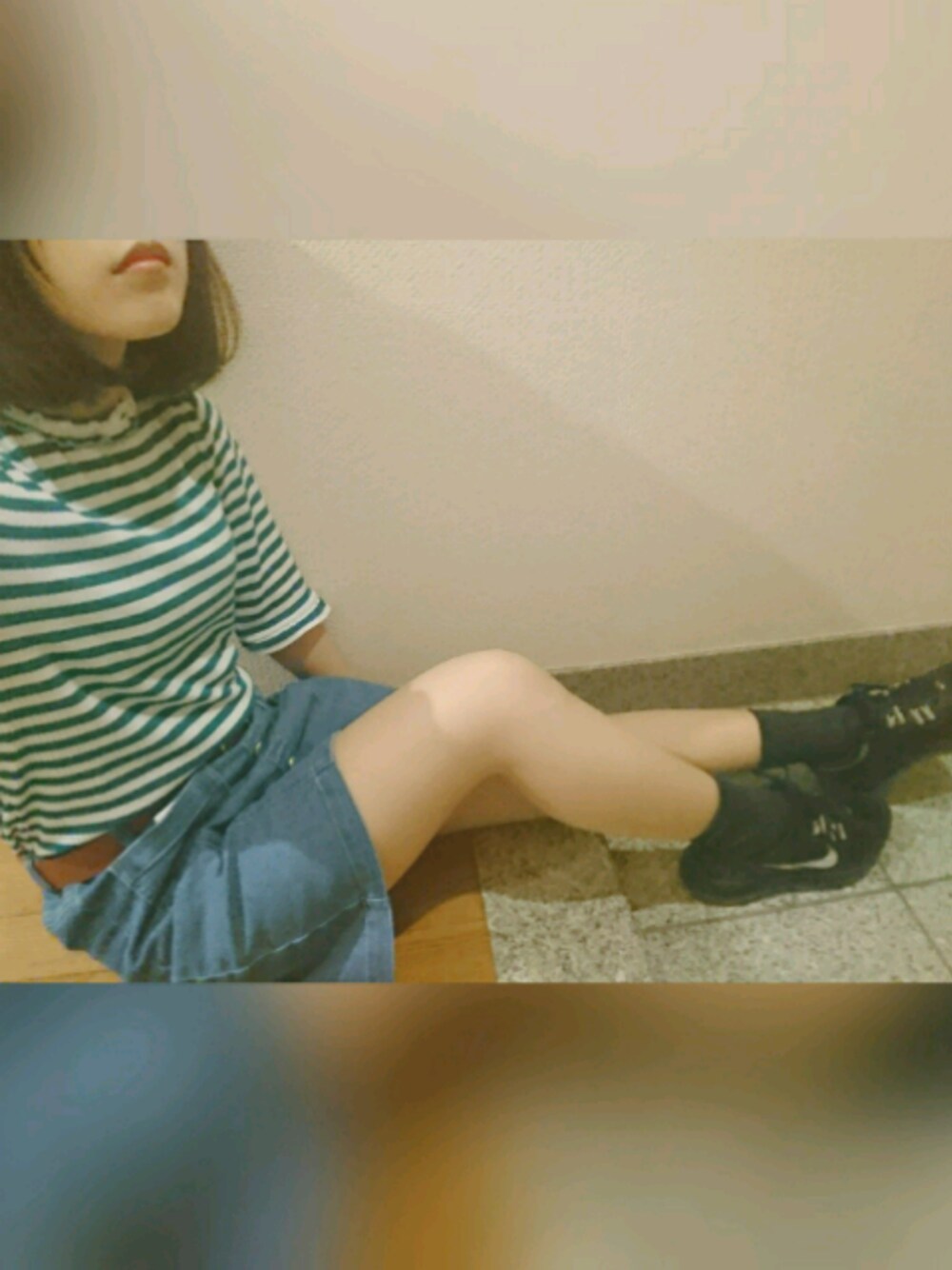 「GU、ボーダー、フリルネック」｜「GUのアイテム（Tシャツ/カットソー、グリーン系）」を使った、りっぷさん（レディース・143cm）の夏コーディネートの1枚目の写真
