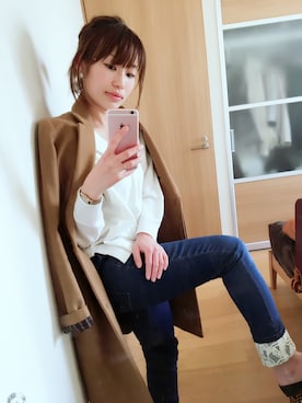 「刺繍」｜「アイテム（チェスターコート）」を使った、ちゃみぞうさん（レディース・154cm）の冬コーディネート