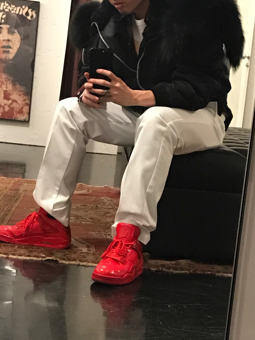 「AIR JORDANのJORDAN 11LAB4（スニーカー、レッド系）」を使った、まっきんとっしゅさん（メンズ・173cm）の冬コーディネートの1枚目の写真