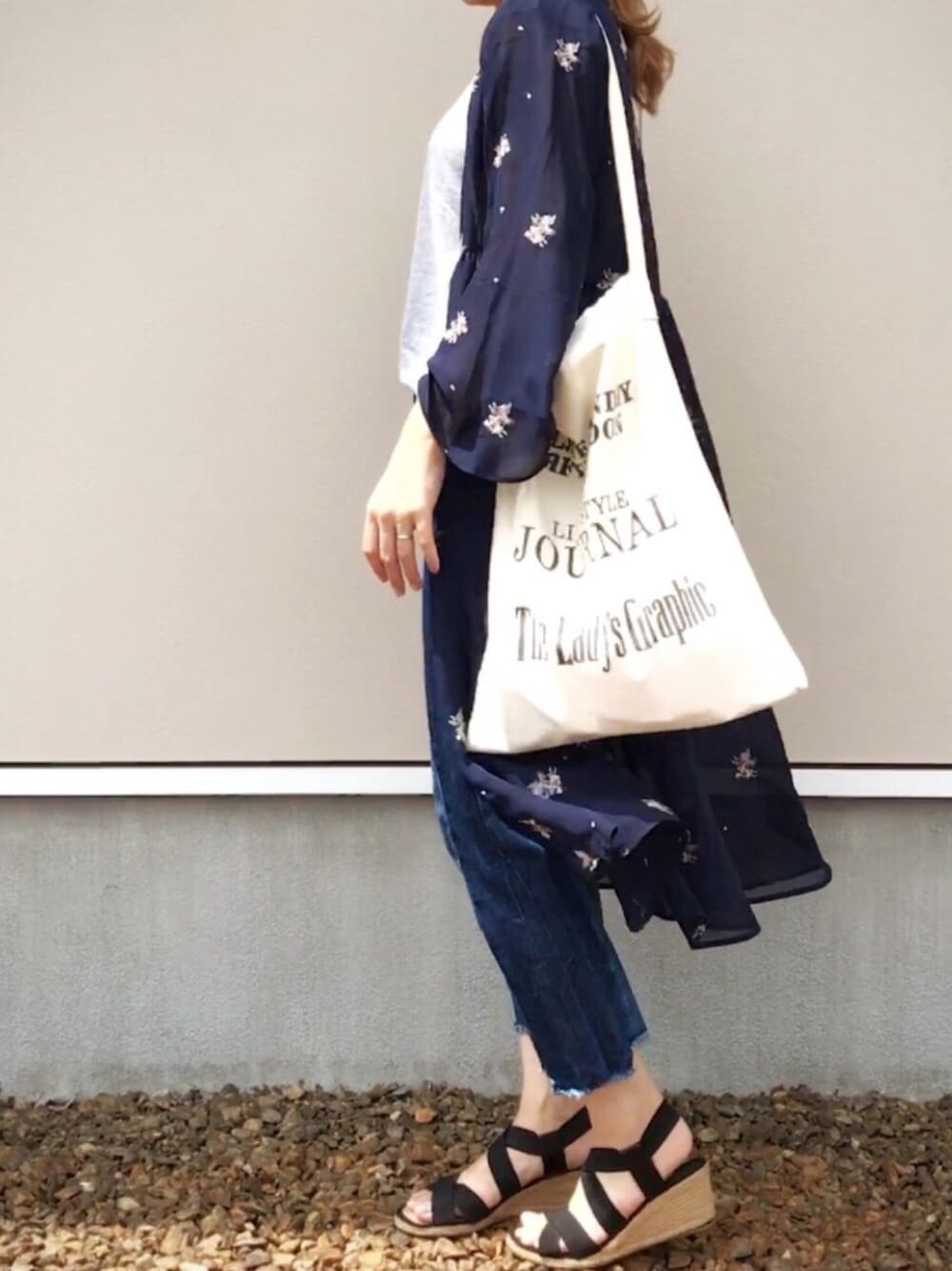 「花柄ｶﾞｳﾝ、花柄、ロングカーデ、グレー×ネイビー、デニムパンツ、プチプラ」｜「BEAMS LIGHTSのma chere Cosette? / スタークリップ イヤリング（イヤリング、シルバー系）」を使った、*YUKI♡*さん（レディース・159cm）の夏コーディネートの1枚目の写真