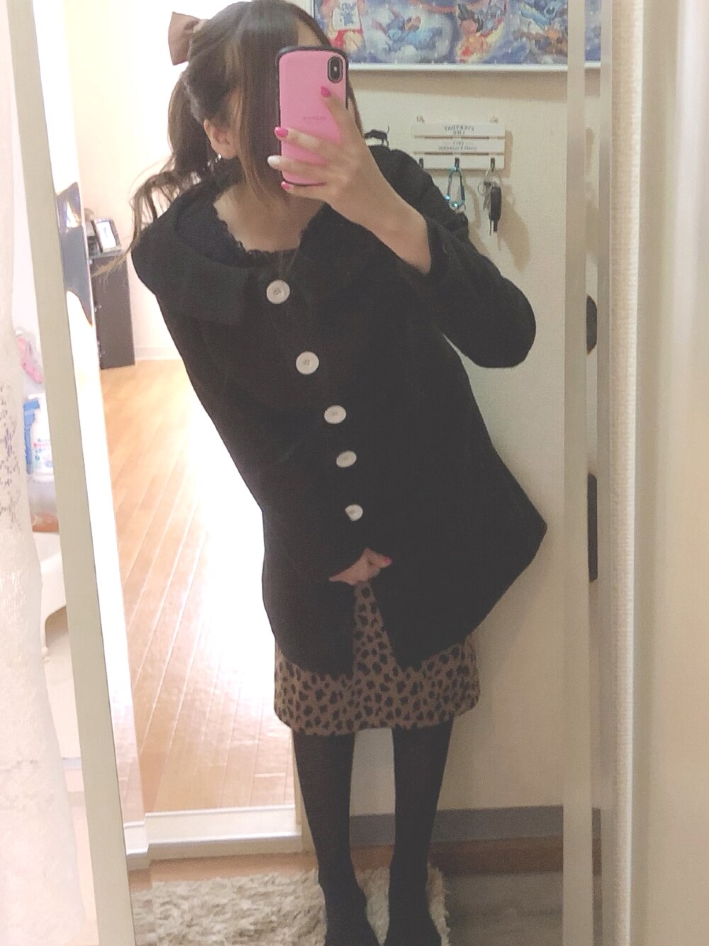「ママファッション、レオパード、正装風、お宮参り」｜「Melt the ladyのアイテム（チェスターコート、ブラック系）」を使った、@rimaeriさん（レディース・163cm）の冬コーディネートの1枚目の写真