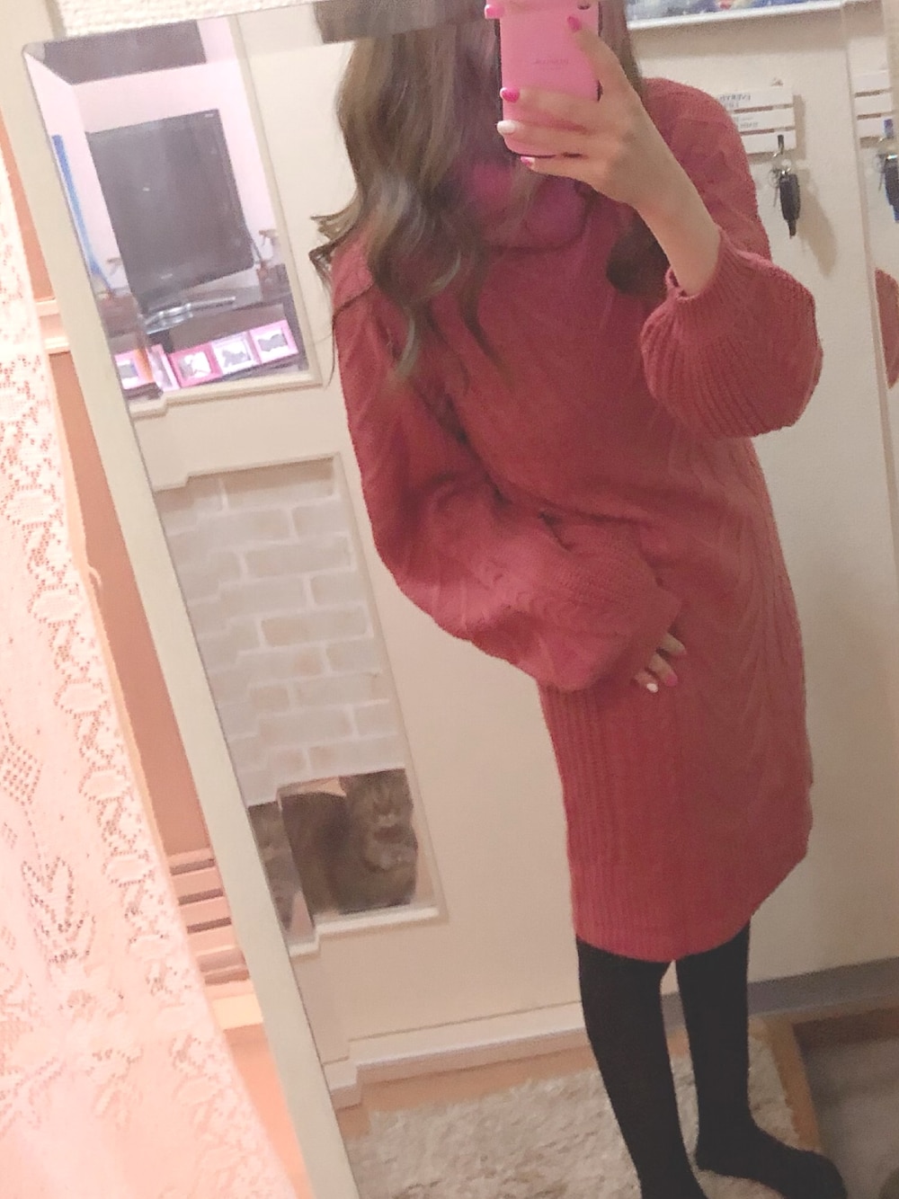 「休日スタイル、ラクチンコーデ」｜「N WITH.のケーブルニットワンピース（ワンピース、ピンク系）」を使った、@rimaeriさん（レディース・163cm）の冬コーディネートの1枚目の写真