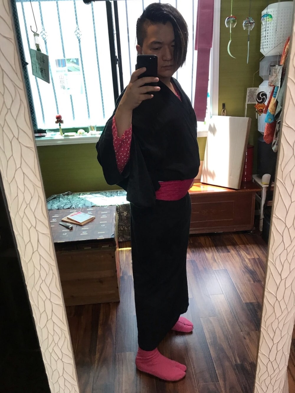 「浴衣、ゆかた、着物コーデ、ピンク、ブラック、ピンク×ブラック、ﾌﾞﾗｯｸ×ﾋﾟﾝｸ、花火大会、お祭り、普段着物」｜「山椒庵のアイテム（浴衣、ブラック系）」を使った、ハマ兄さん（メンズ・165cm）の夏コーディネートの1枚目の写真