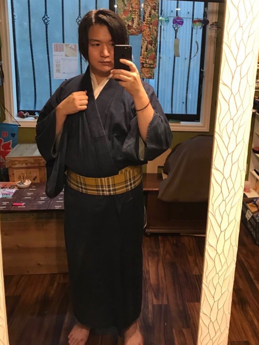 「浴衣祭り、浴衣、着物、和服、タータンチェック、ゆかた、お祭り、美術館コーデ、イエロー、デニム」｜「山椒庵のアイテム（和装小物、イエロー系）」を使った、ハマ兄さん（メンズ・165cm）の夏コーディネートの1枚目の写真