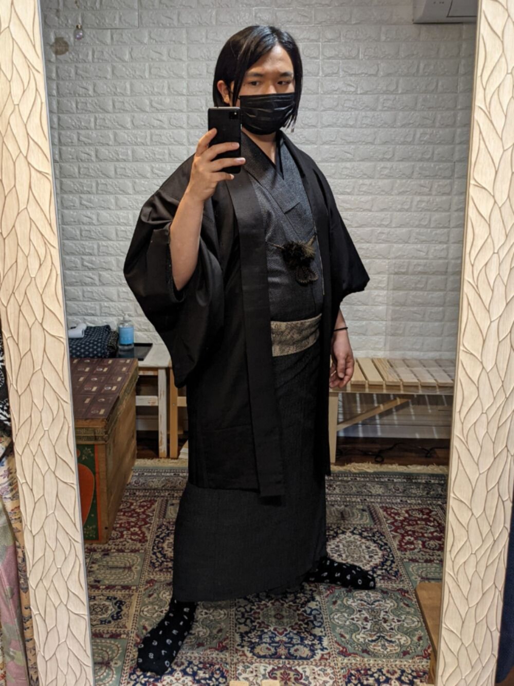 「モノトーン、モノトーンコーデ、モノクロ、モノクロコーデ、black、black and white、kimono、japanese、着物、モード」｜「山椒庵のアイテム（和装小物、ベージュ系）」を使った、ハマ兄さん（メンズ・165cm）の春コーディネートの1枚目の写真