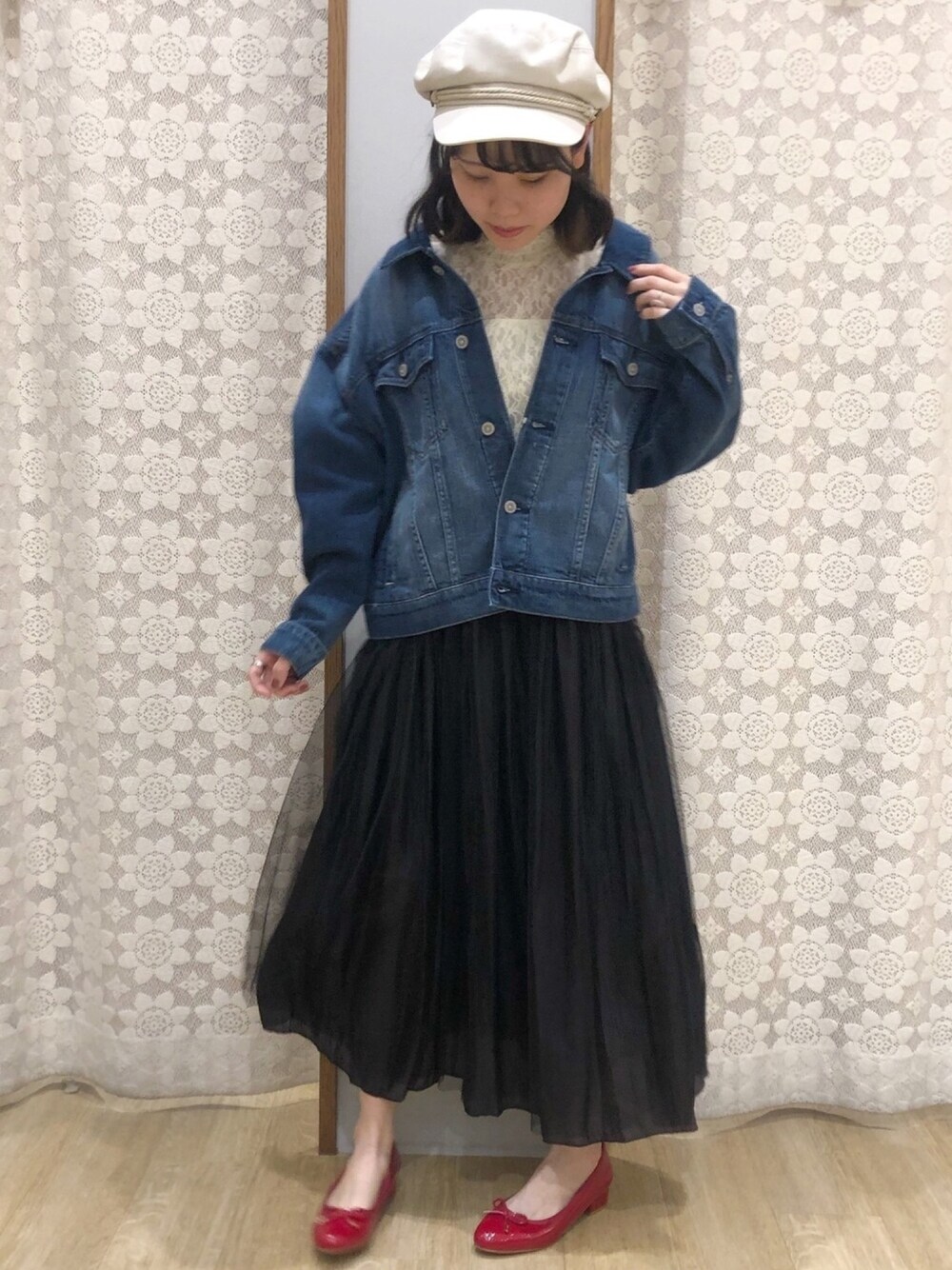 「Gジャン、バレエシューズ、春、春コーデ、おしゃれさんと繋がりたい、チュールスカート、earth music&ecology、カジュアルコーデ、マリン、夏コーデ」｜「ORiental TRafficの【2020春夏】ORiental TRaffic バレーパンプス＊（パンプス、レッド系）」を使った、めーさん（レディース・158cm）の春コーディネートの1枚目の写真