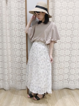 「earth music&ecology（アースミュージックアンドエコロジー）のアイテム（ハット）」を使った、めーさん（レディース・158cm）の夏コーディネート