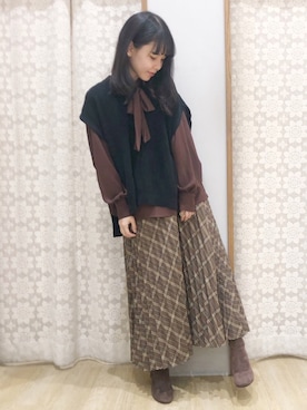 「earth music&ecology（アースミュージックアンドエコロジー）のアコーディオンプリーツスカート ＊（スカート）」を使った、めーさん（レディース・158cm）の秋コーディネート