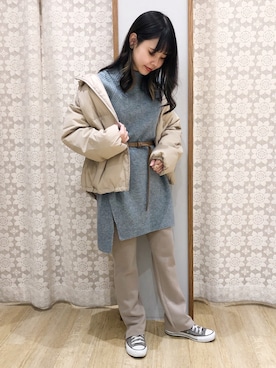 「earth music&ecology（アースミュージックアンドエコロジー）のパウダー綿ショートブルゾン　＊（ブルゾン）」を使った、めーさん（レディース・158cm）の秋コーディネート