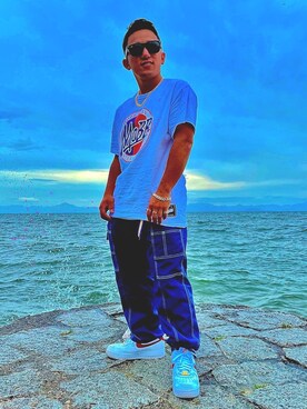 「mobbのアイテム（Tシャツ/カットソー、ホワイト系）」を使った、takuwear117さん（メンズ・153cm）の夏コーディネート