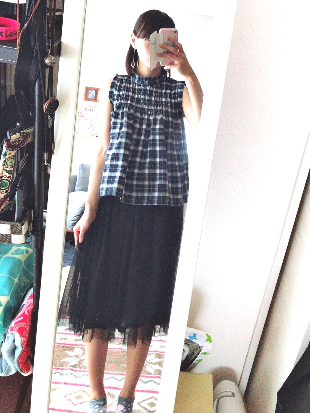 「プチプラ、夏、パンダ」｜「rpsのアイテム（スカート、ブラック系）」を使った、グリさん（レディース・166cm）の夏コーディネートの1枚目の写真