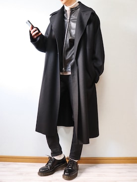 「オーバーコート」｜「アイテム（ライダースジャケット）」を使った、HAL. さん（メンズ・173cm）の冬コーディネート