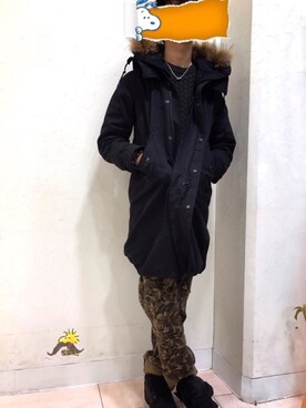 「HARE（ハレ）のアイテム（モッズコート、ブラック系）」を使った、ずっちょさん（メンズ・168cm）の冬コーディネート