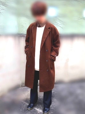 「CASPER JOHN（キャスパージョン）のCasper John　メルトンダブルチェスターコート（チェスターコート、ブラック系）」を使った、ユウさん（メンズ・168cm）の冬コーディネート