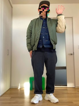 「GOODENOUGH（グッドイナフ）のアイテム（MA-1）」を使った、八木さん（メンズ・178cm）の冬コーディネート