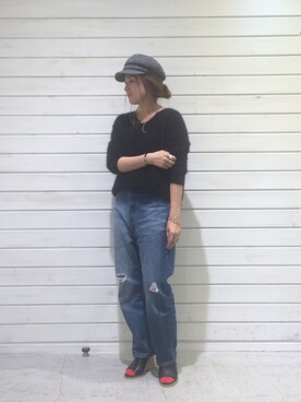 「NOMBRE IMPAIR（ノンブルアンペール）のブラッシュウール ロングニット（ニット/セーター、ブラック系）」を使った、kamata.さん（レディース・158cm）の秋コーディネート