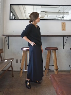「NOMBRE IMPAIR（ノンブルアンペール）のブラッシュウール ロングニット（ニット/セーター、ブラック系）」を使った、kamata.さん（レディース・158cm）の秋コーディネート