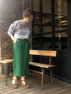 「FIL DE FER（フィルデフェール）のトロストレッチ タイトロングスカート（スカート、グリーン系）」を使った、kamata.さん（レディース・158cm）の春コーディネート