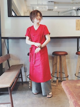 「FIL DE FER（フィルデフェール）のコットンレッドドビー　カシュ半袖ワンピース（ワンピース、レッド系）」を使った、kamata.さん（レディース・158cm）の春コーディネート