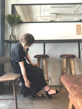 「NOMBRE IMPAIR（ノンブルアンペール）のT/Cポンチ ドルマンワンピース（ワンピース、ブラック系）」を使った、kamata.さん（レディース・158cm）の夏コーディネート