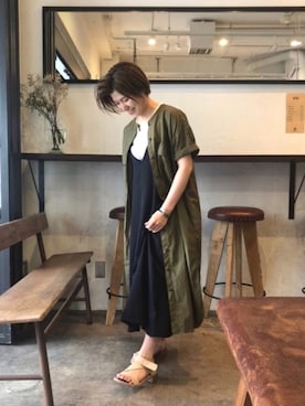 「NOMBRE IMPAIR（ノンブルアンペール）の60/-タイプライター ノーカラーシャツワンピース（ワンピース、グリーン系）」を使った、kamata.さん（レディース・158cm）の夏コーディネート