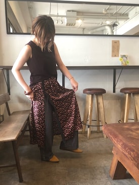 「FIL DE FER（フィルデフェール）のﾃﾝｾﾙﾍﾞｱｸﾛｽ　ﾉｰｽﾘﾌﾟﾙｵｰﾊﾞｰ（Tシャツ/カットソー、ブラウン系）」を使った、kamata.さん（レディース・158cm）の夏コーディネート