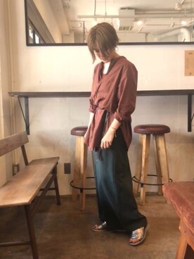 「FIL DE FER（フィルデフェール）のライトダンボール マキシスカート（スカート、グリーン系）」を使った、kamata.さん（レディース・158cm）の夏コーディネート