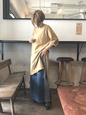 「FIL DE FER（フィルデフェール）のラインブリーチデニム イージーロングスカート（デニムスカート、ブルー系）」を使った、kamata.さん（レディース・158cm）の夏コーディネート
