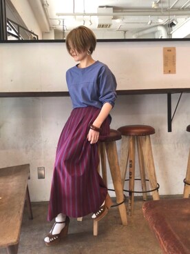 「FIL DE FER（フィルデフェール）の製品染めコットン 汗止め付きカットソー（Tシャツ/カットソー、ブルー系）」を使った、kamata.さん（レディース・158cm）の秋コーディネート