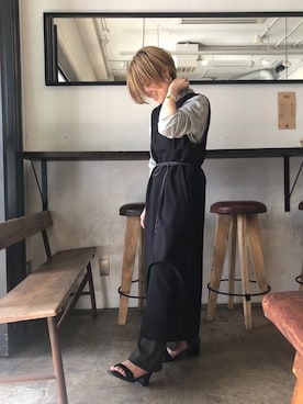 「FIL DE FER（フィルデフェール）のPe/Ryジョーゼット　2wayジャンスカ（ワンピース、ブラック系）」を使った、kamata.さん（レディース・158cm）の秋コーディネート
