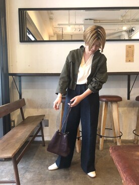 「FIL DE FER（フィルデフェール）のリップストップ硫化染め ショートミリタリーシャツ（シャツ/ブラウス、グリーン系）」を使った、kamata.さん（レディース・158cm）の秋コーディネート