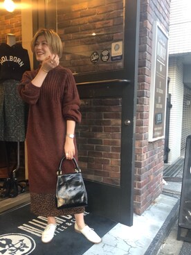 「FIL DE FER（フィルデフェール）の裏毛レオパードプリント タックタイトスカート（スカート、ブラウン系）」を使った、kamata.さん（レディース・158cm）の秋コーディネート