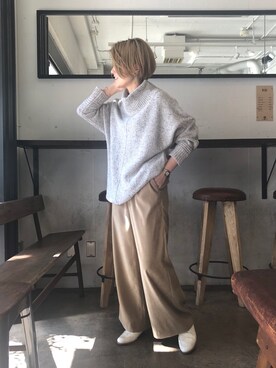 「FIL DE FER（フィルデフェール）のﾗﾑﾅｲﾛﾝﾈｯﾌﾟ　ﾄﾞﾙﾏﾝﾀｰﾄﾙﾌﾟﾙｵｰﾊﾞｰ（ニット/セーター、グレー系）」を使った、kamata.さん（レディース・158cm）の秋コーディネート