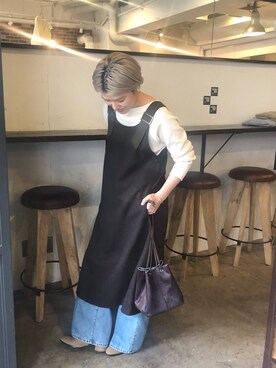 「FIL DE FER（フィルデフェール）のワイドテレコ スクエアネック長袖カットソー（Tシャツ/カットソー、ホワイト系）」を使った、kamata.さん（レディース・158cm）の冬コーディネート