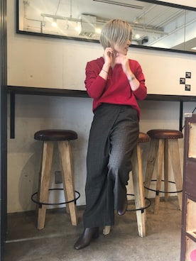 「NOMBRE IMPAIR（ノンブルアンペール）の【Fabric in Italy】ウールチェック ワイドパンツ（その他パンツ、グレー系）」を使った、kamata.さん（レディース・158cm）の冬コーディネート