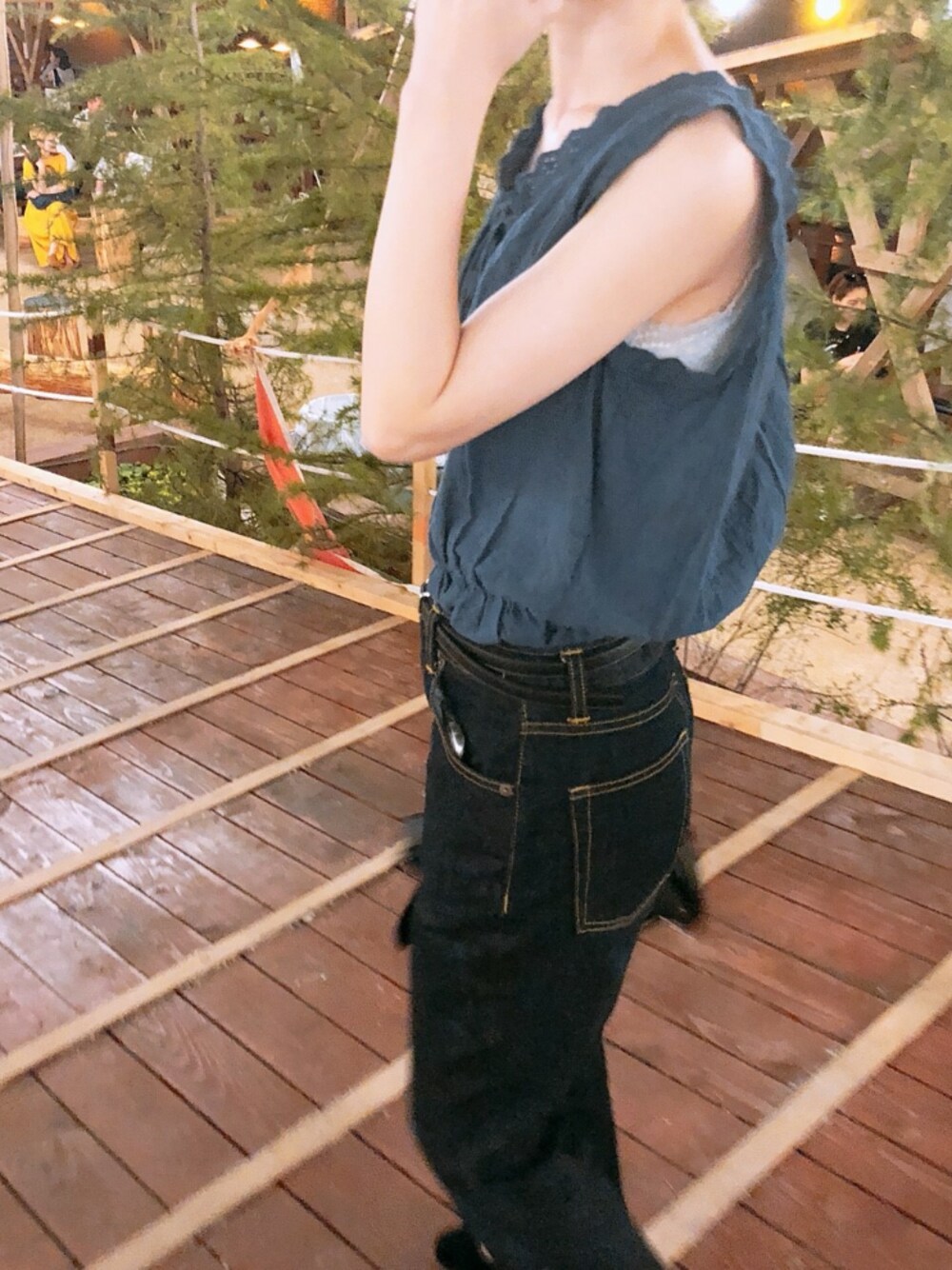 「Kastane、UNIQLO、GU、Bshop、ootd」｜「Kastaneの刺繍レースブラウス+リブトップスSET（シャツ/ブラウス、ブルー系）」を使った、ゆんさん（レディース・160cm）の夏コーディネートの1枚目の写真