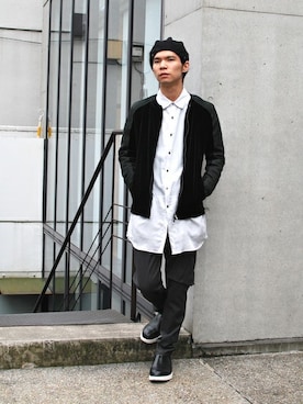 「ロングシャツ」｜「アイテム（ノーカラージャケット）」を使った、OURETさん（メンズ・175cm）の秋コーディネート