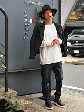 「OURET（オーレット）のアイテム（ライダースジャケット）」を使った、OURETさん（メンズ・171cm）の秋コーディネート