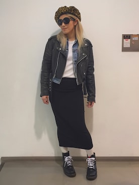 「白タイツ」｜「アイテム（ライダースジャケット）」を使った、machiさん（レディース・156cm）の冬コーディネート